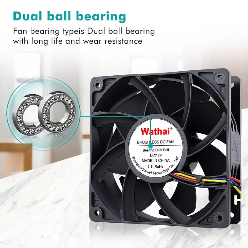 Wathai 12038 120mm x 38mm PWM Computer PC Case Fan 12V 4pin 5300rpm 230 CFM High Airflow Duall Ball CFM FG DC Brushless Cooling Fan - Image 5